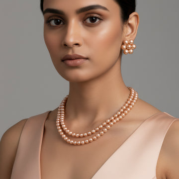 PRAO Multilayer Golden Brown Pearl Necklace Set With Earrings