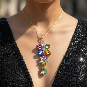 PRAO Anti-Tarnish Multicoloured Sparkling Crystals Flower Necklace