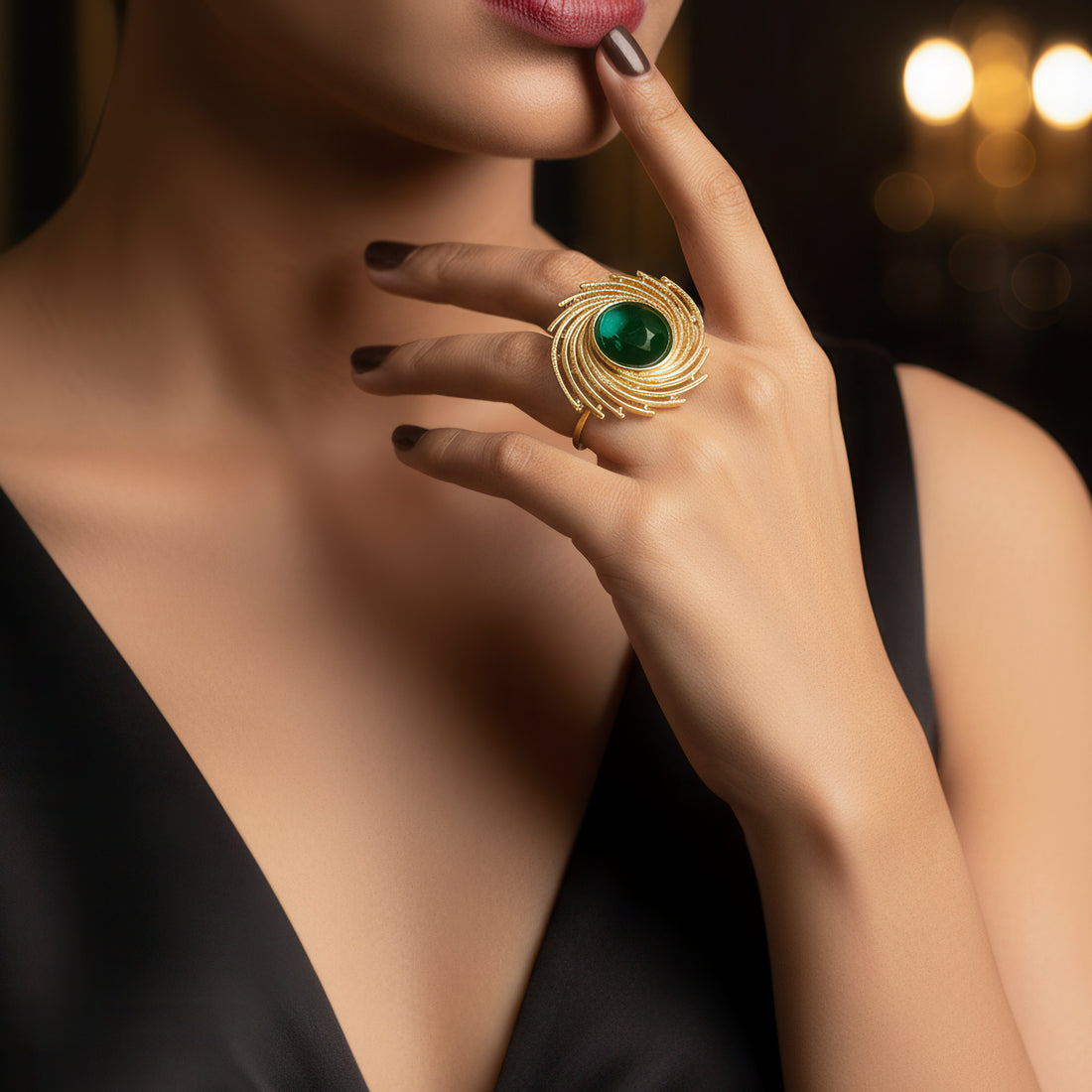 PRAO Anti-Tarnish Galaxy Green Cabochon Cocktail Ring (Adjustable Size)