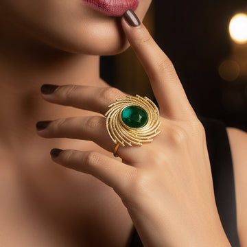 PRAO Ring Anti-Tarnish Galaxy Green Cabochon Cocktail (Adjustable Size)