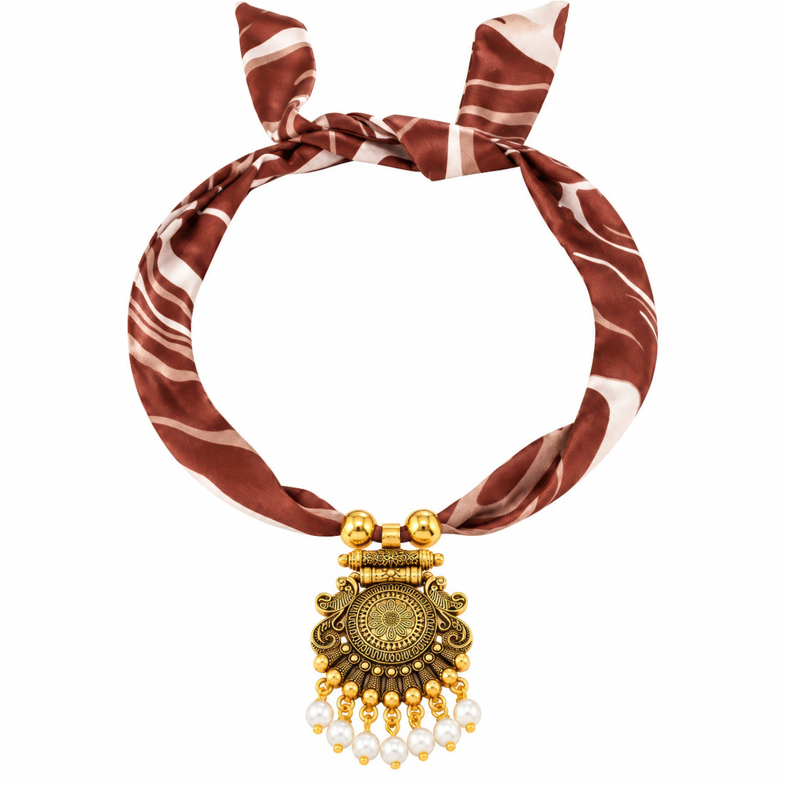 PRAO Scarf Necklace Antique Gold Statement Pendant White Pearl Charms