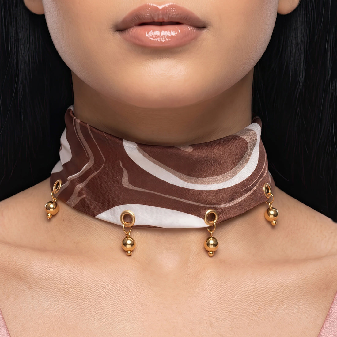 PRAO Scarf Necklace Anti-Tarnish Brown White Marble Swirl