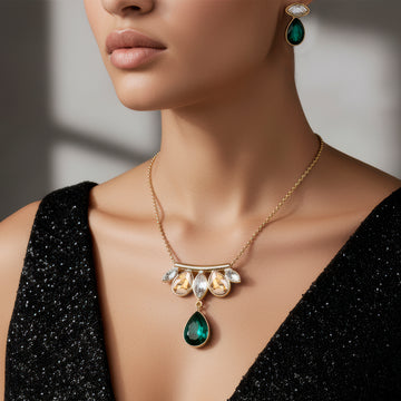 PRAO Anti-Tarnish Marquise and Drop Crystals Pendant Necklace Set with Earrings