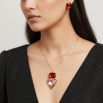 PRAO Anti-Tarnish Rectangle & Triangle Pendant Necklace with Earrings