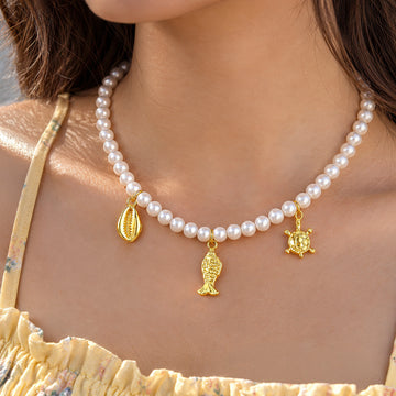 PRAO Necklace Anti-Tarnish Pearl Ocean Charm