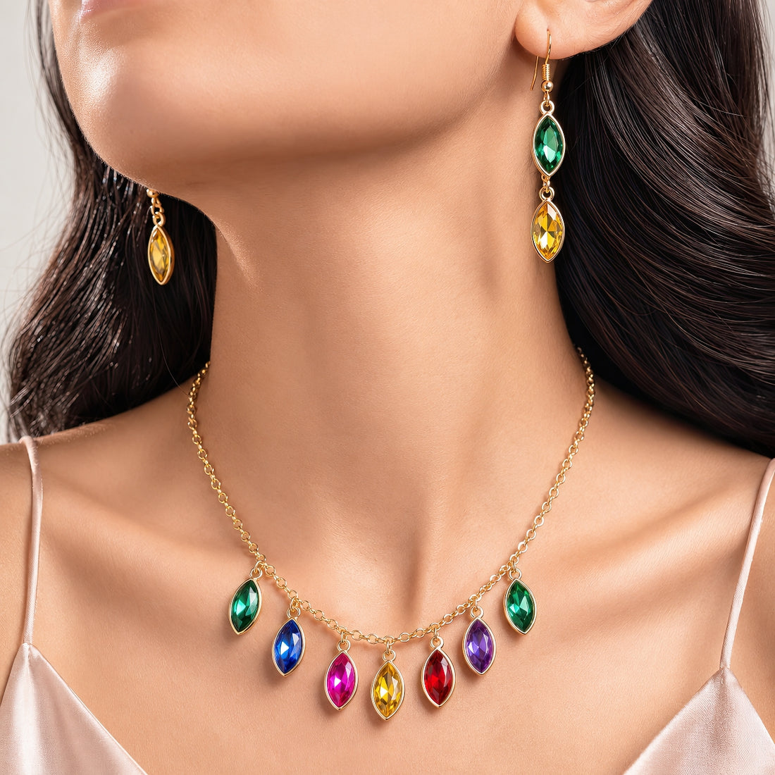 PRAO Necklace Anti-Tarnish Multicoloured Crystal Set With Earrings