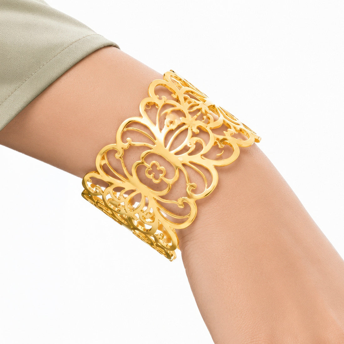 PRAO Bracelet Anti-Tarnish Floral Filigree Cuff (Adjustable Size)