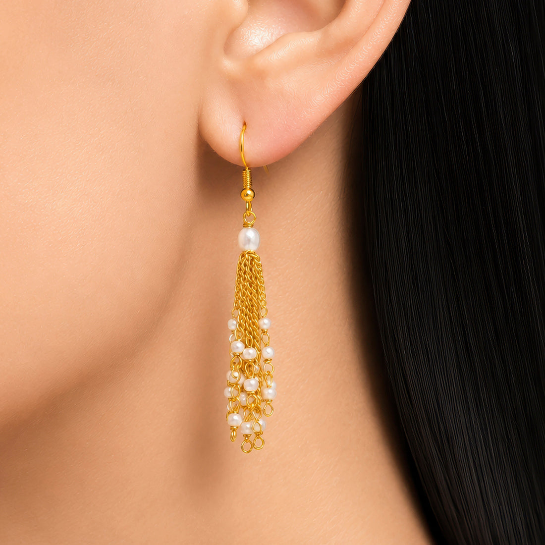 PRAO Earrings Anti-Tarnish Multi-Strand Dangles With White Pearl Beads
