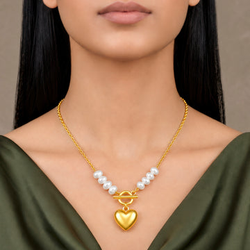 PRAO Necklace Anti-Tarnish Pearl Heart Toggle