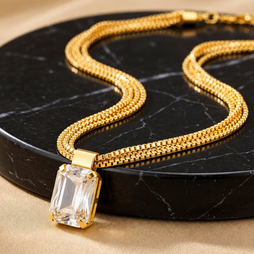 PRAO Necklace Anti-Tarnish Box Chain Crystal Pendant