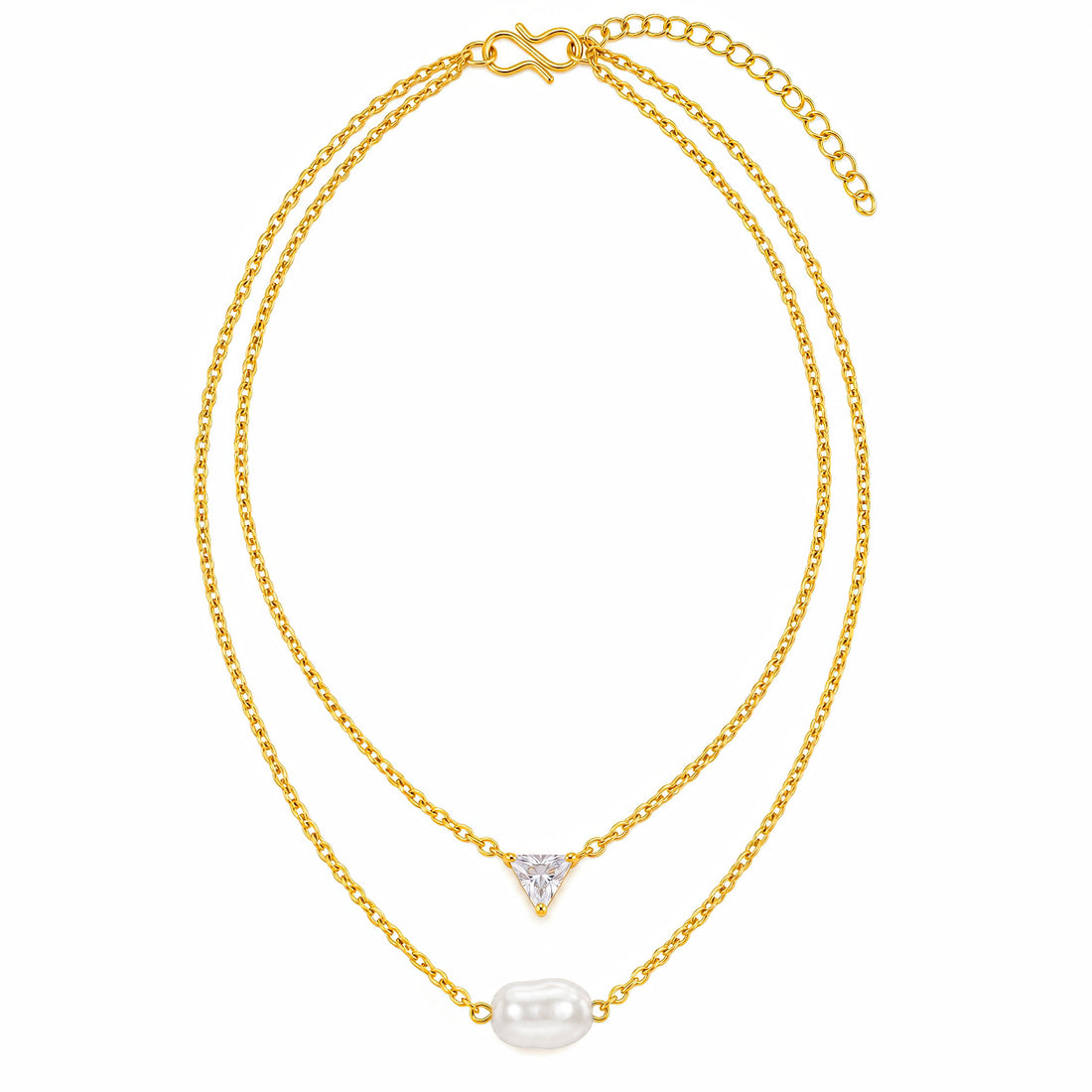 PRAO Necklace Anti-Tarnish Double-Strand Pearl & Trillion Crystal Chain