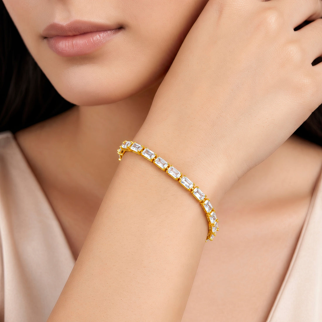 PRAO Bracelet Anti-Tarnish Gold Plated Baguette Crystal Link (Adjustable Size)