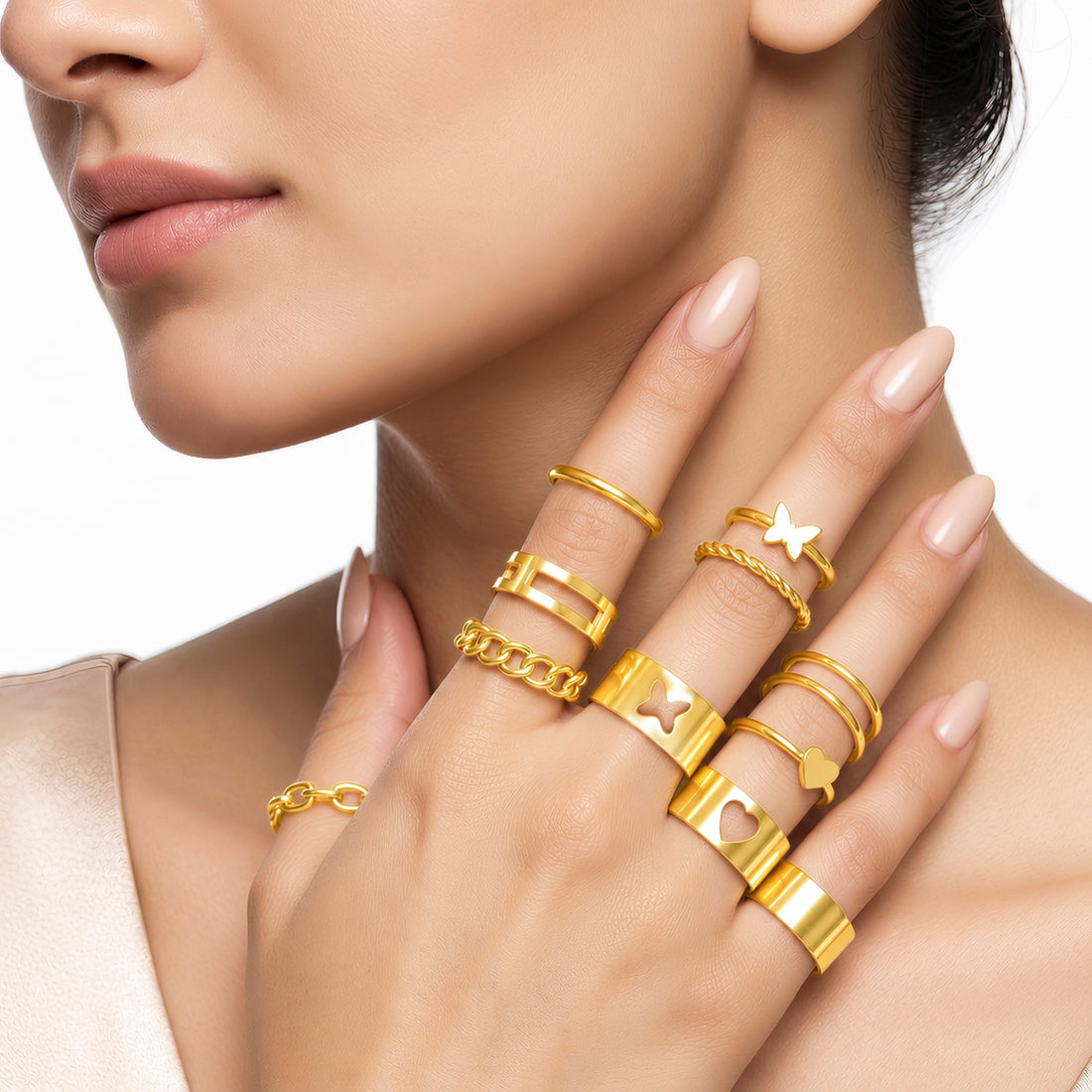 PRAO Ring Anti-Tarnish 12 Piece Butterfly Heart Stackable Set (Adjustable Size)