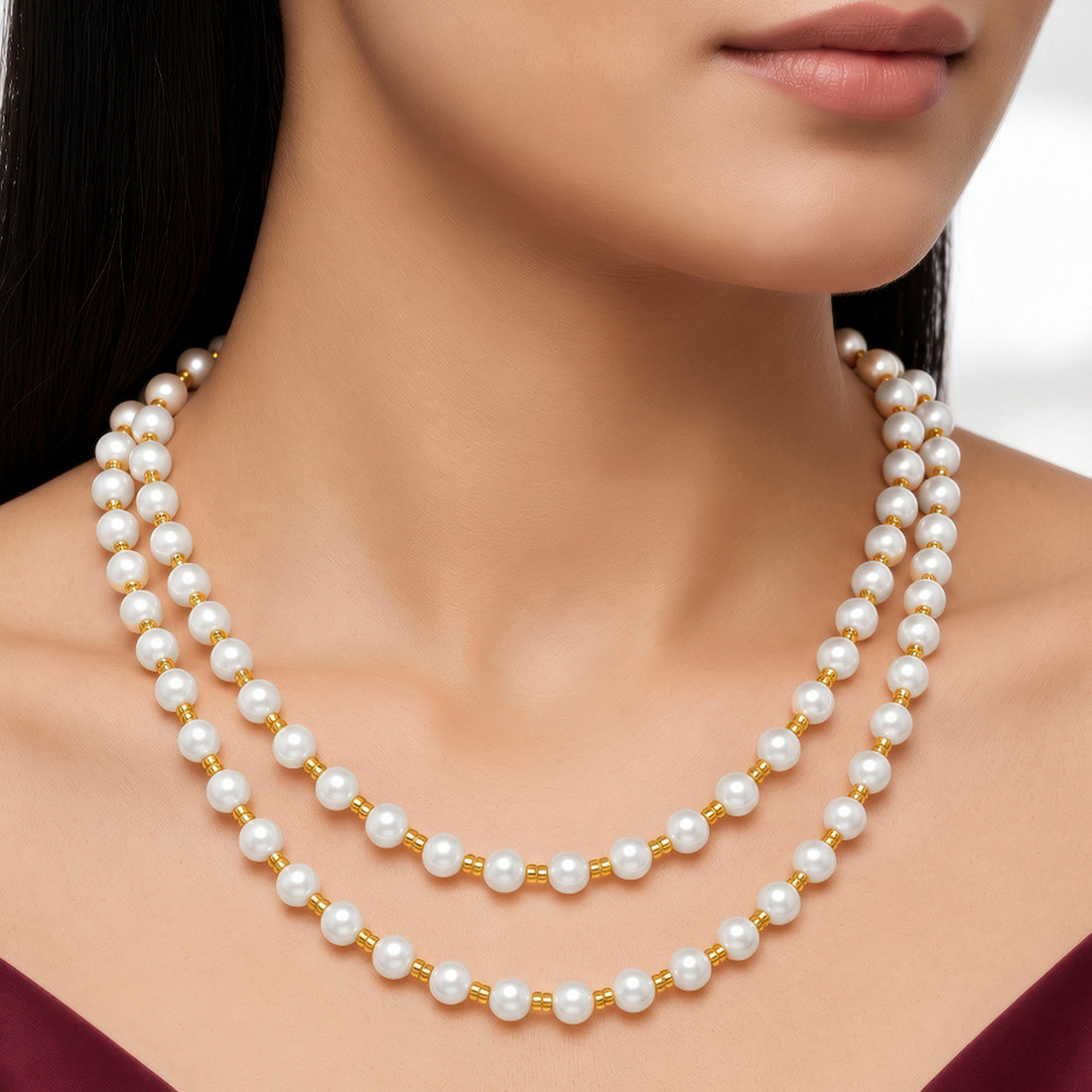 PRAO Necklace Anti-Tarnish Multilayer Designer Set With White Pearls