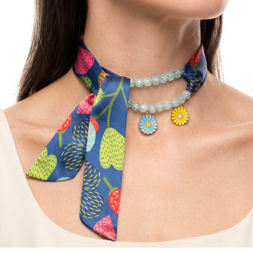PRAO Necklace Cum Bracelet Scarf With Blue Ribbon And Enamel Flower Charms
