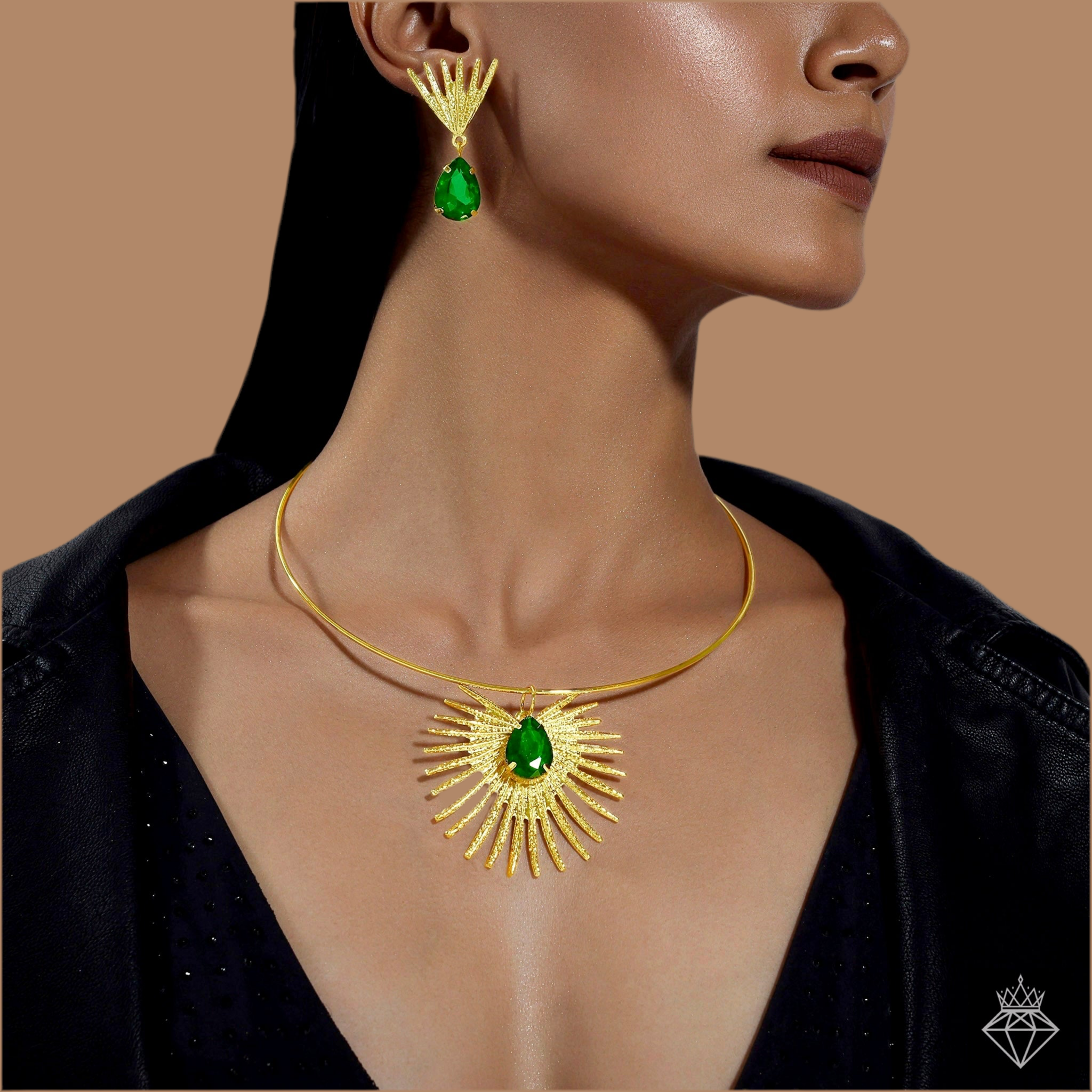 Anti-Tarnish Golden Emerald Necklace Set With Earrings✨