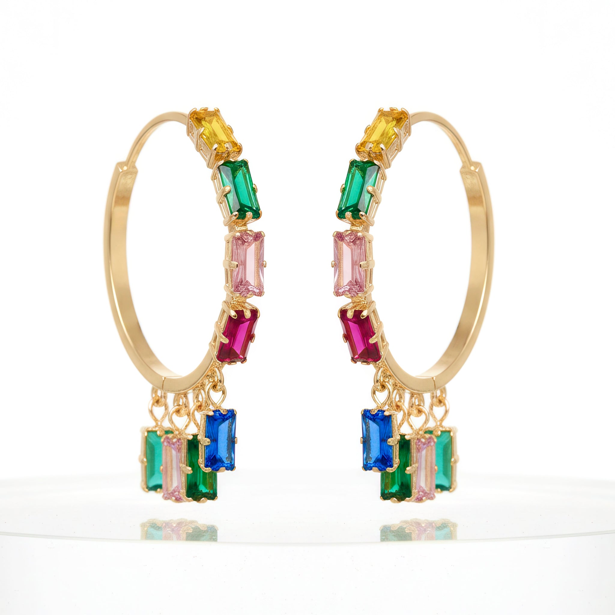 PRAO Anti-Tarnish Rectangle Multicoloured Crystal Charms Hoop Earrings