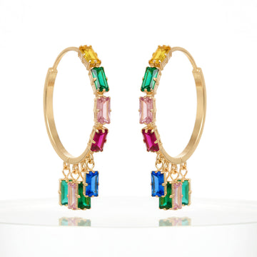 PRAO Anti-Tarnish Rectangle Multicoloured Crystal Charms Hoop Earrings