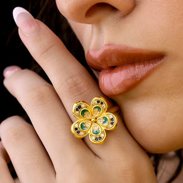 PRAO Anti-Tarnish Golden Flower Crystal Ring (Adjustable Size)