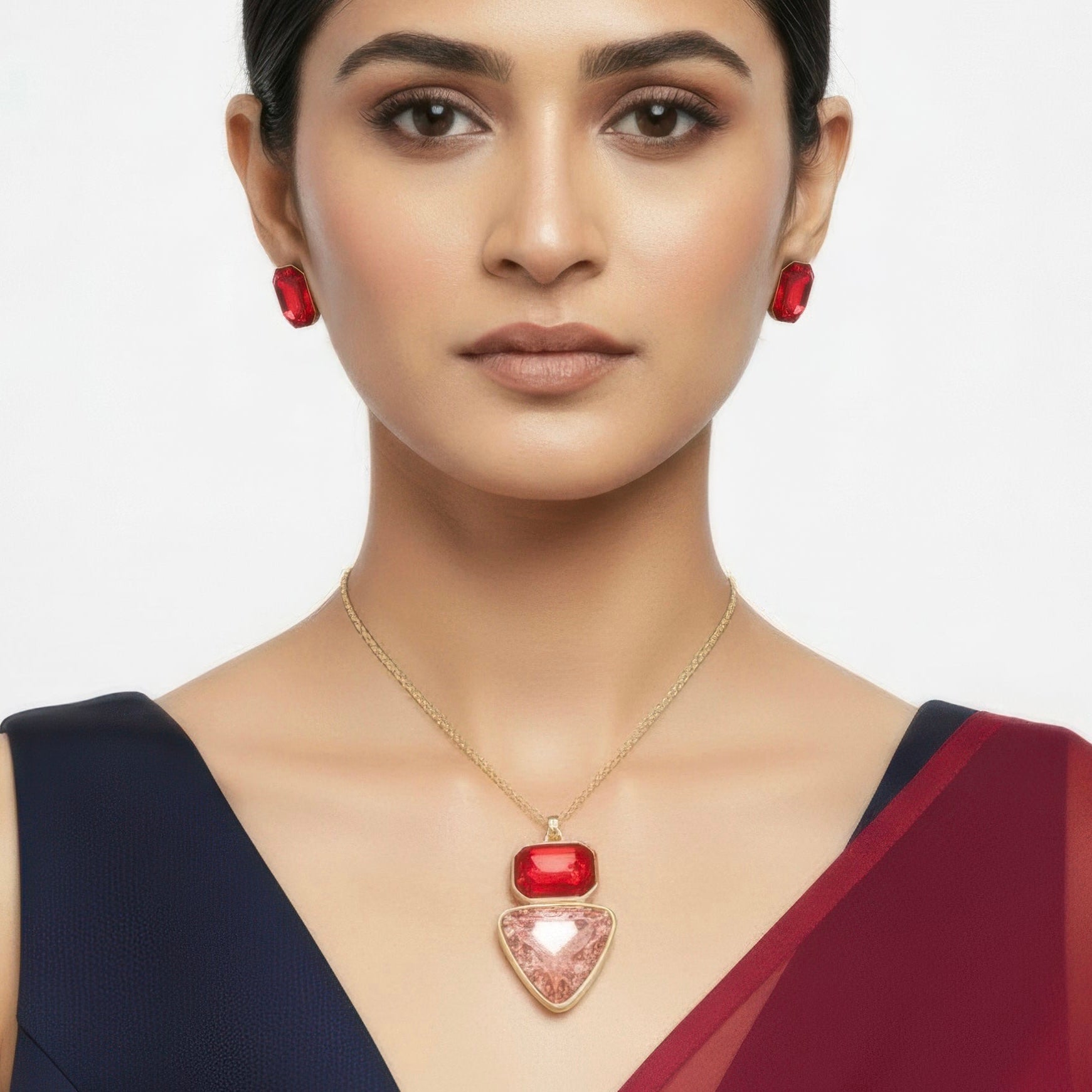 PRAO Anti-Tarnish Rectangle & Triangle Pendant Necklace with Earrings