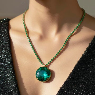 PRAO Anti-Tarnish Emerald Crystal Necklace Set with Earrings