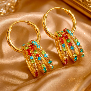 PRAO Earrings Anti-Tarnish Crystal Studded Multicoloured Six Rings With Hoops Set