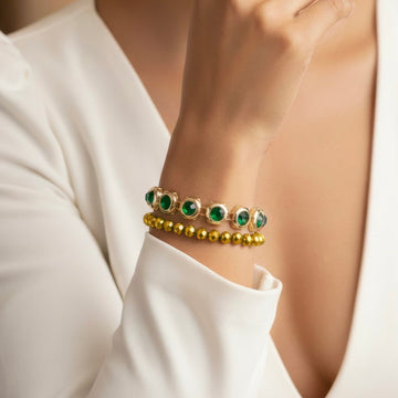 PRAO Anti-Tarnish Pack of 2 Gold Crystal & Emerald Bracelets