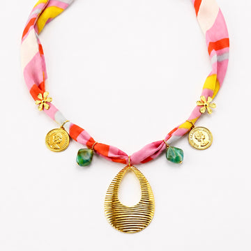PRAO Necklace Anti-Tarnish Printed Fabric With Teardrop Pendant & Green Beads
