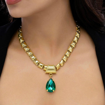 PRAO Necklace Anti-Tarnish Emerald Crystal Set With Earrings
