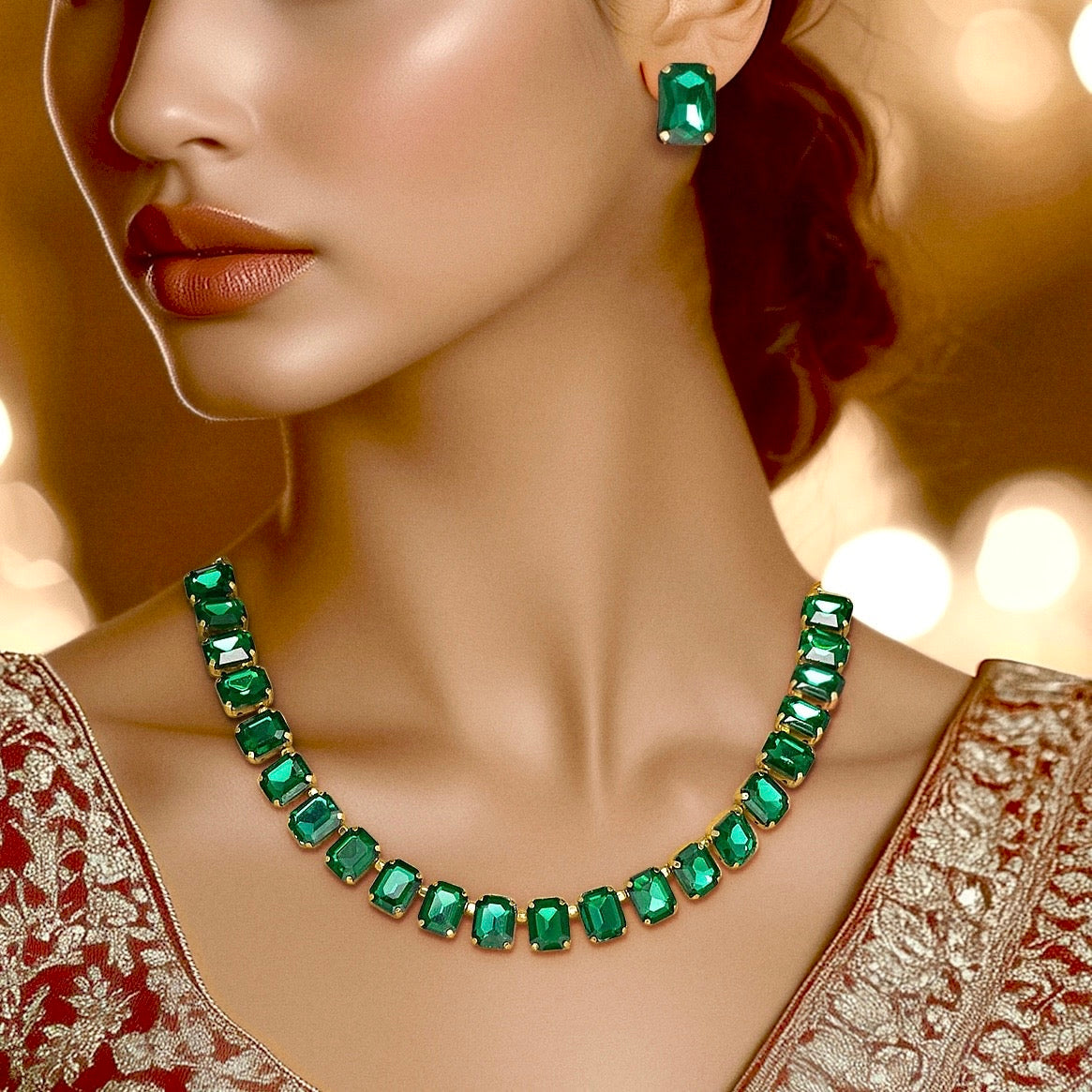 PRAO Single-Line Emerald Necklace Set With Earrings✨