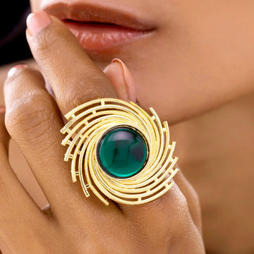PRAO Ring Anti-Tarnish Galaxy Green Cabochon Cocktail (Adjustable Size)