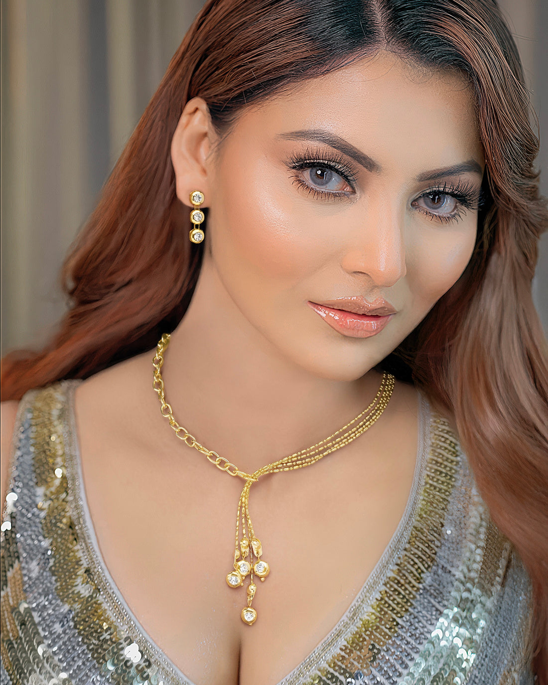 PRAO Anti-Tarnish Gold Plated Crystal Necklace Set With Earrings