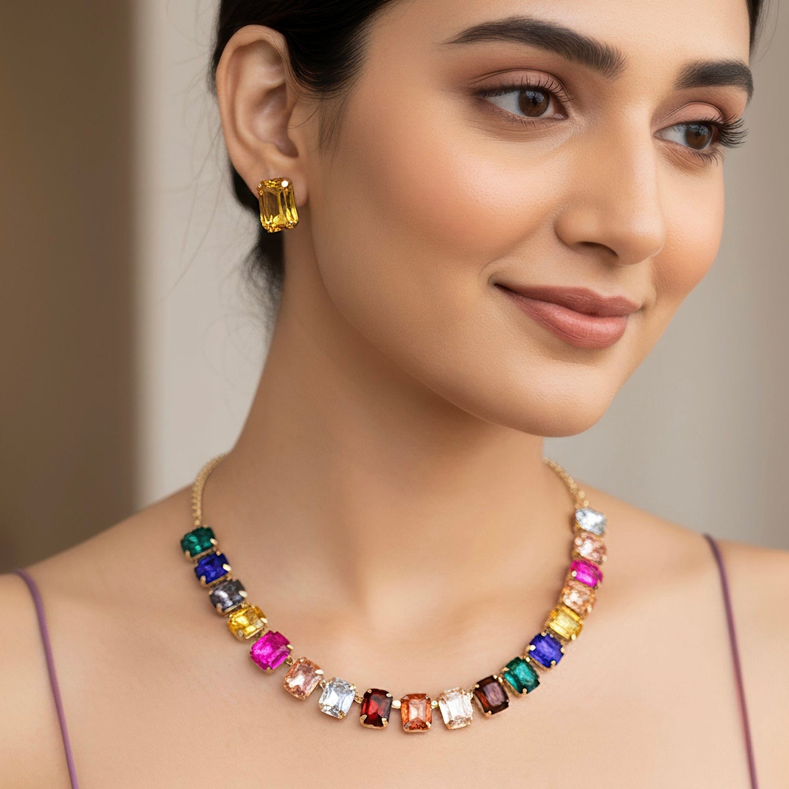 PRAO Multicolour Crystal Necklace Set With Earrings
