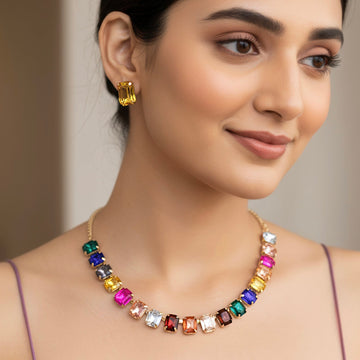 PRAO Multicolour Crystal Necklace Set With Earrings