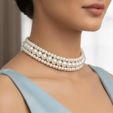 PRAO Necklace Triple Layer White Pearl Choker Set