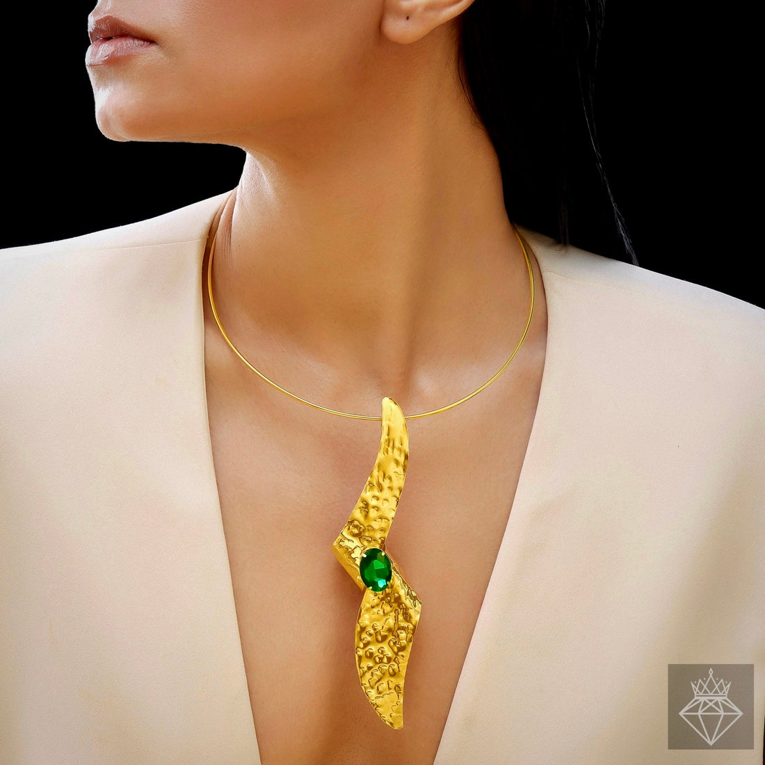 Anti-Tarnish Golden Hammered Folded Necklace With Emerald Crystal By PRAO