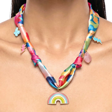 PRAO Necklace Anti-Tarnish Multicolored Silk Fabric With Rainbow Pendant And Charms