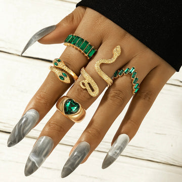 5 Anti-Tarnish Golden Snake & Emerald Heart Rings✨By PRAO