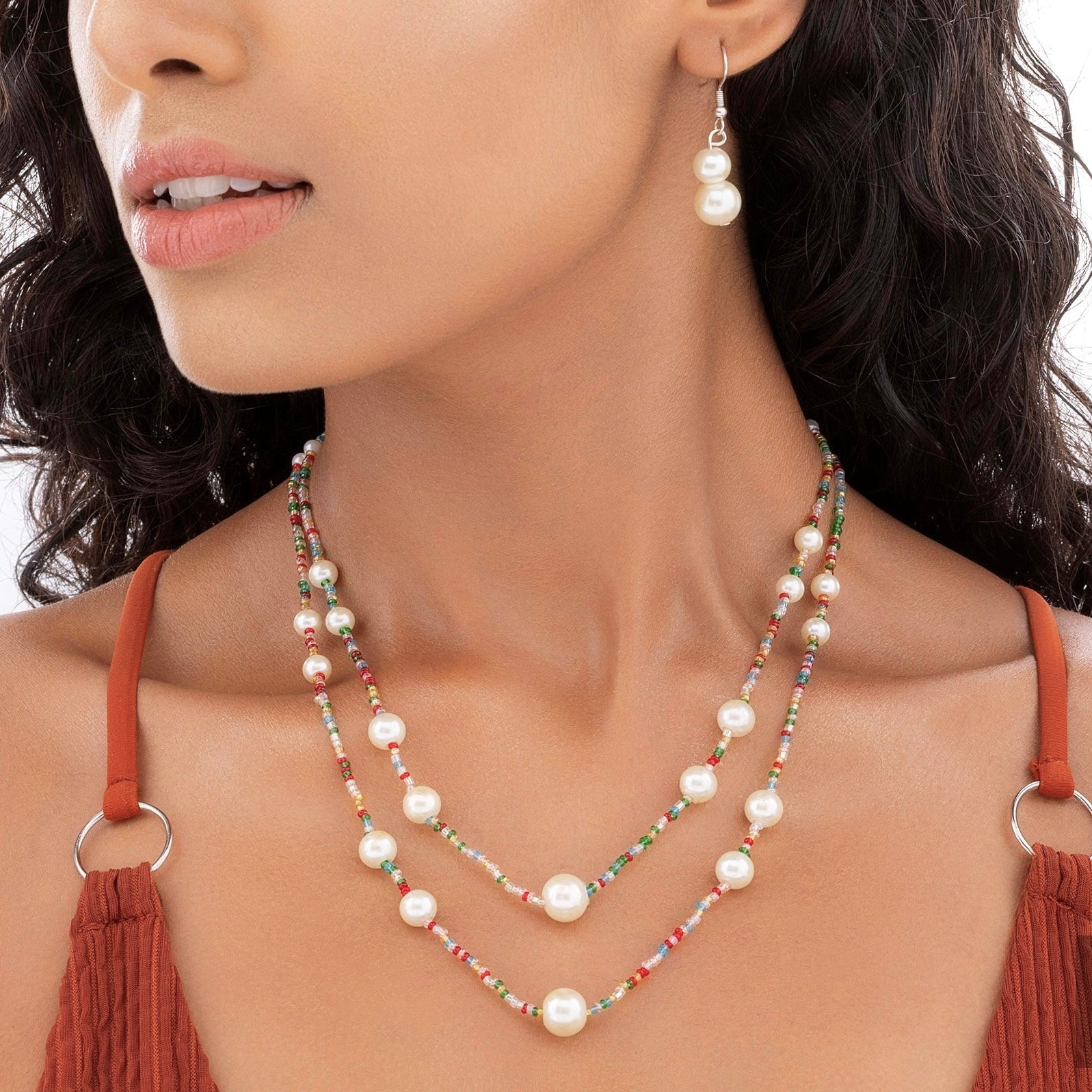 PRAO Exquisite Double Layer Bead & Pearl Necklace Set With Earrings