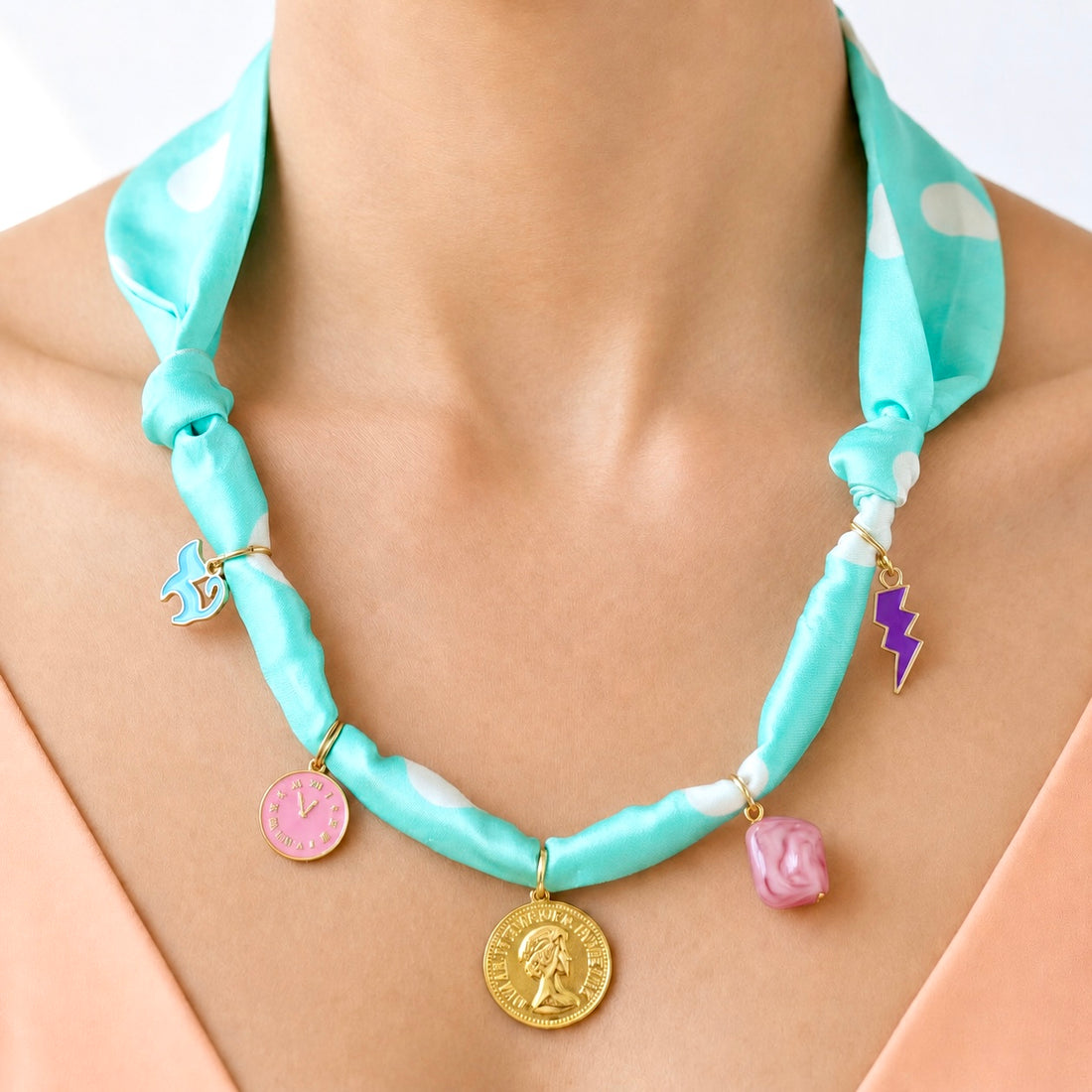 PRAO Hair & Necklace Anti-Tarnish Sky Blue Polka Dot Printed Fabric Beads Coin Thunderbolt Charm