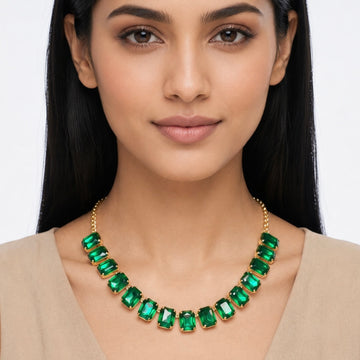PRAO Necklace Anti-Tarnish Gold Plated Emerald Green Crystals