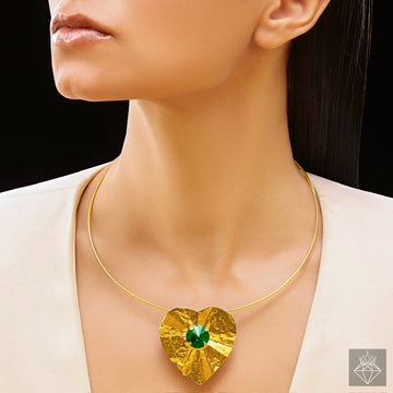 Anti-Tarnish Golden Heart Hammered Necklace With Emerald Crystal By PRAO