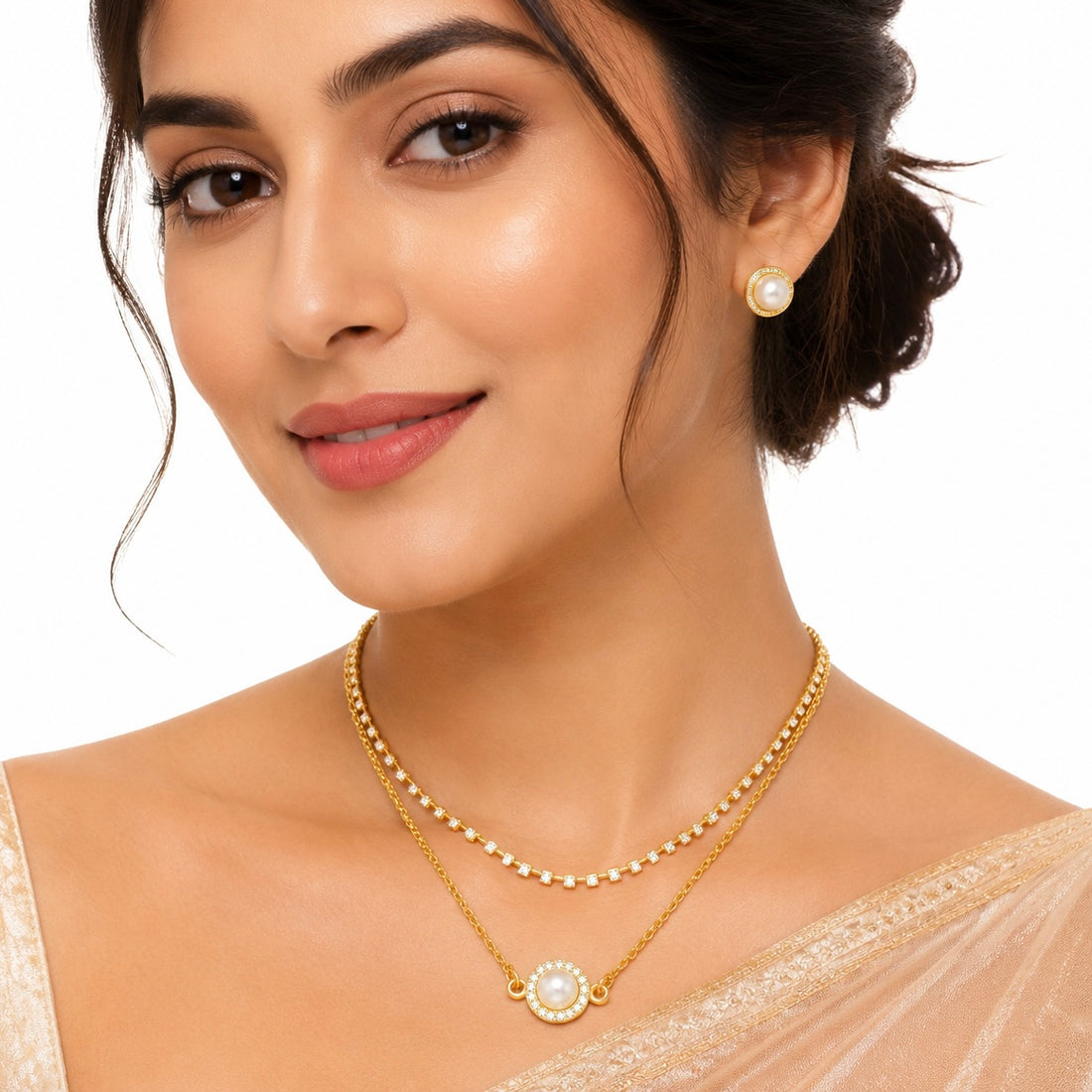 PRAO Necklace Anti-Tarnish Gold Plated Double Layered Pearl Pendant Set With Earrings