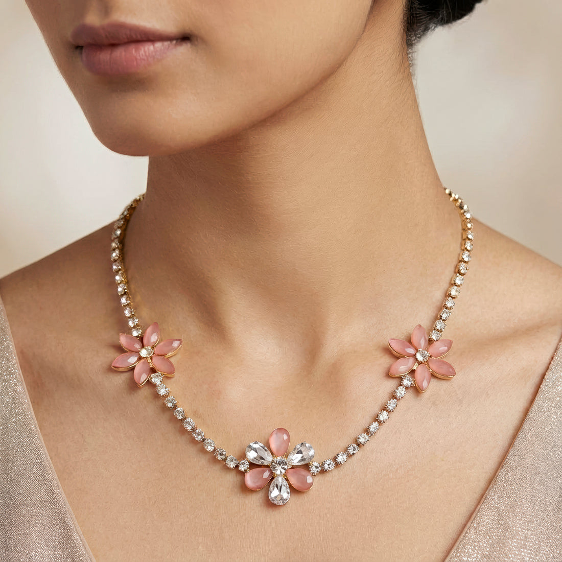 PRAO Necklace Anti-Tarnish Floral Rhinestone Chain Set With Earrings