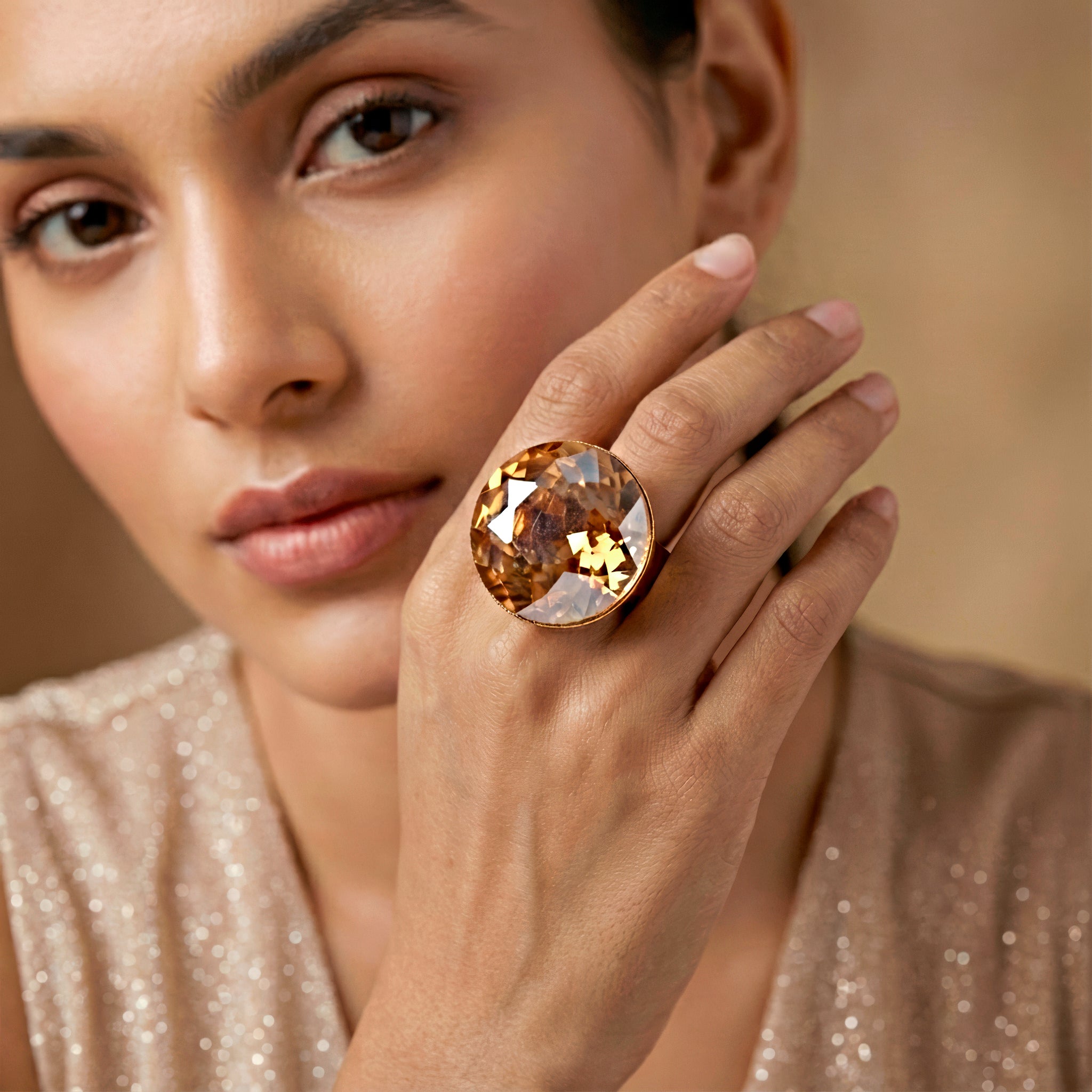 PRAO Ring Anti-Tarnish Big Round Crystal Cocktail