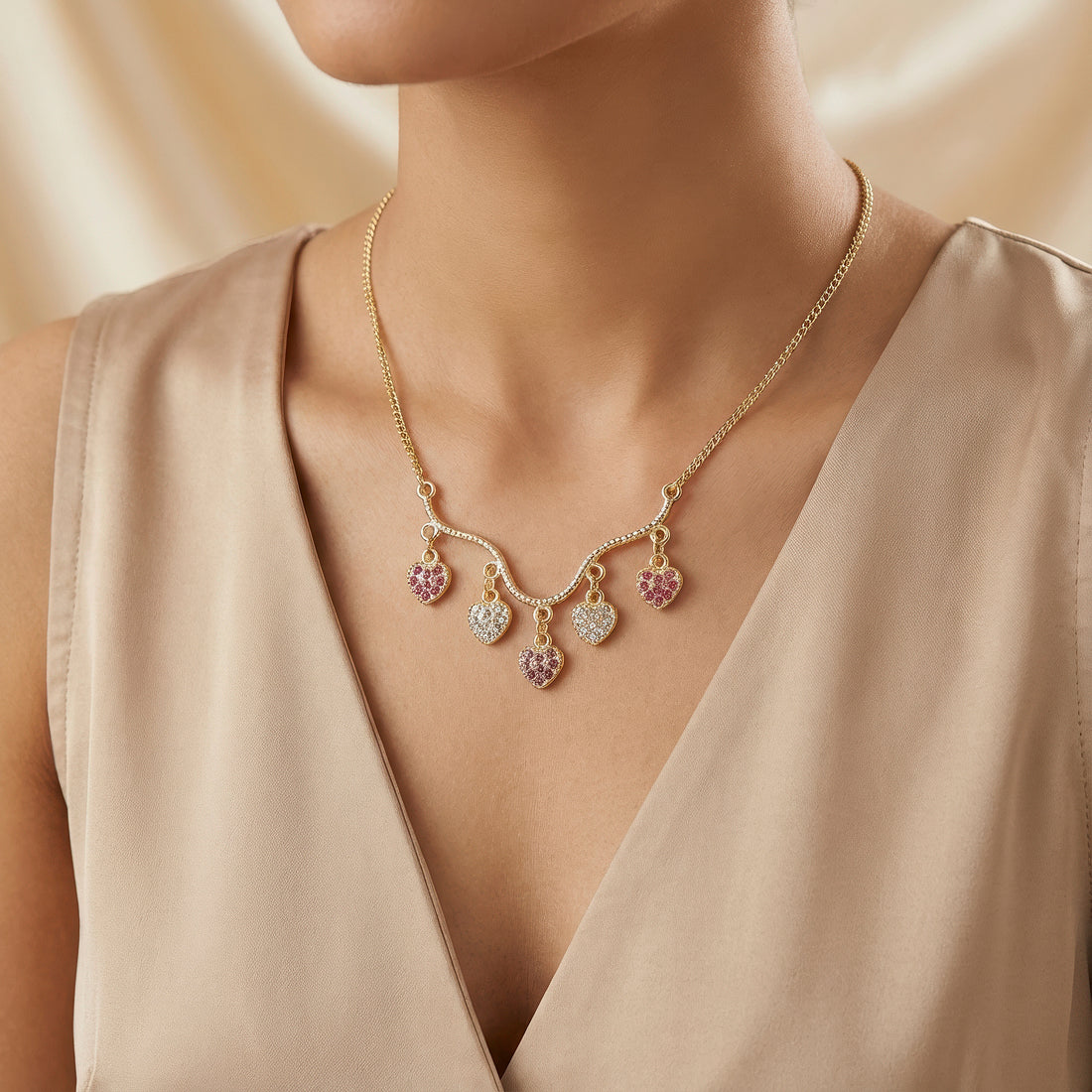 PRAO Necklace Anti-Tarnish Mini Heart Charms Set With Earring