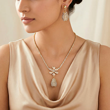 PRAO Necklace Anti-Tarnish Drop Flower Pendant Set With Earrings