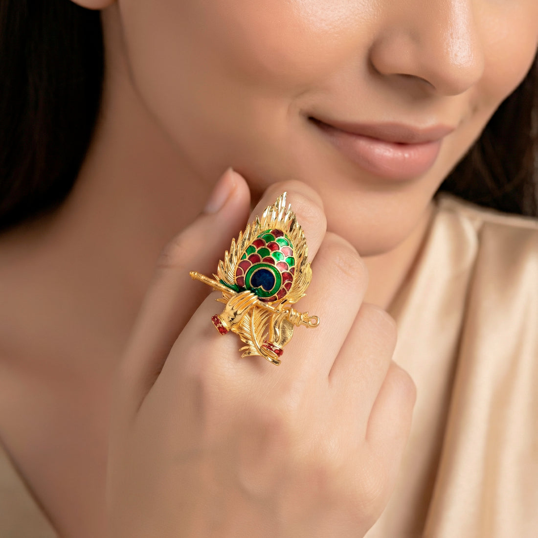 PRAO Ring Anti-Tarnish Krishna Peacock Feather Statement