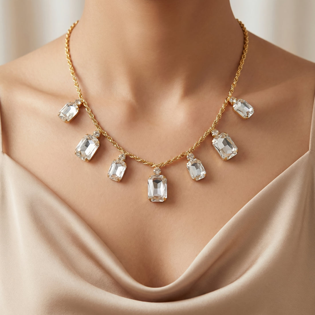 PRAO Necklace Waterproof Rectangle Crystals Statement Set With Earrings