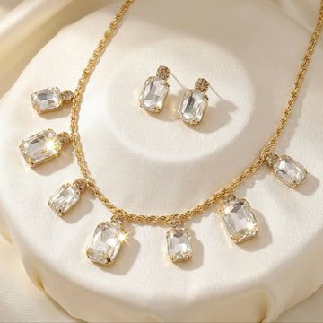 PRAO Necklace Anti-Tarnish Rectangle Crystals Statement Set With Earrings